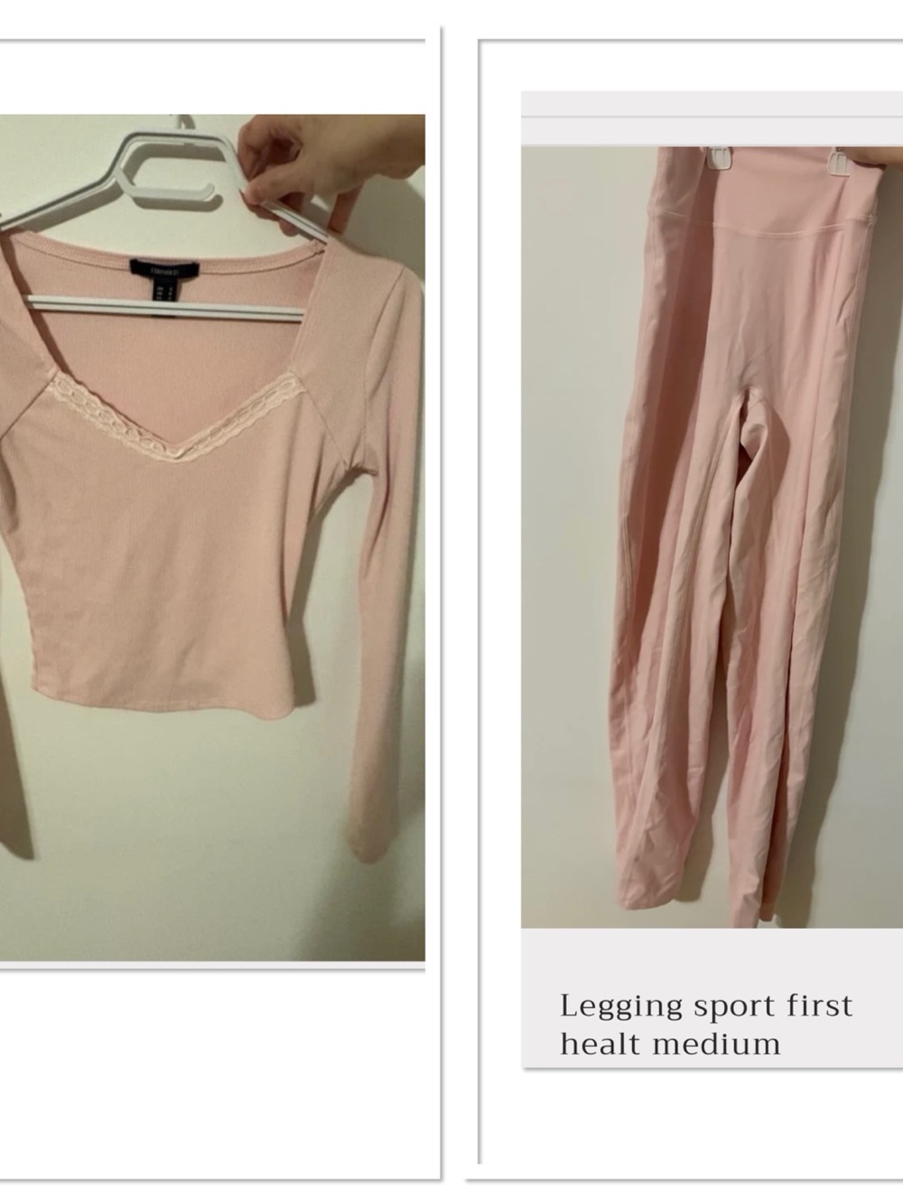 Forever 21 Blush Pink Lace-Trim Long Sleeve Top & High-Waist Leggings Set